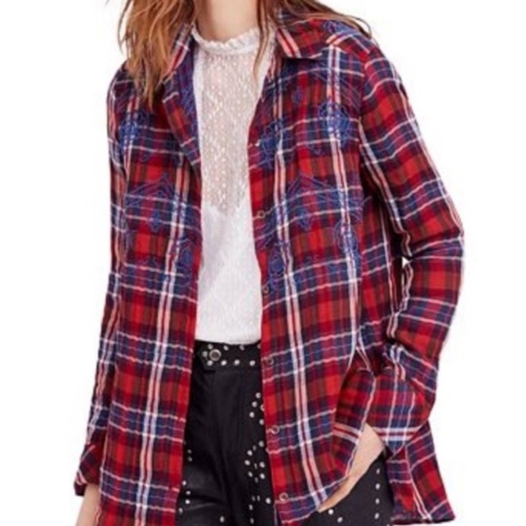 Free People Women's Magical Plaid Embroidered Button Down Top E - Picture 3 of 10